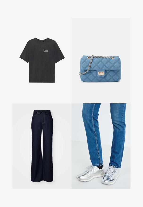 Must t-särk mustast puuvillast, laia lõikega, vasakul rinnal valgete tähtedega tekst "KUU FAASID". Lühikesed varrukad, ümmargune kaelus.; Tumedad sinised laiad püksid, mis on valmistatud denimist, kõrge vöökoht, esi-taskud ja vöökoht on seotud paelaga.; Hõbedased metallik spordijalatsid sileda tekstuuriga, ümmarguse varbaga ja valge kummist tallaga, komplementeeritud sobivate siniste teksadega, millel on nõrgad õmblused.; ONLY ONLFLORENCE CROSSBODY BAG - Ülerinna-kott - blue denim/gold