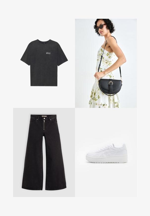 Fekete pamut póló laza szabással, bal mellkason fehér "A HOLD FÁZISAI" felirattal. Rövid ujjú, kerek nyakú kialakítás.; Fekete denim széles szárú farmer, cipzáros elejével, öt zsebes kialakítással és diszkrét varrással. Sima textúra és laza stílus.; Fehér platform sportcipők sima bőrfelülettel, perforált részletekkel és lapos fűzőkkel; vastag fehér gumitalppal rendelkezik.; Fekete bőrtáska ívelt formával, levehető pánttal és arany színű fémrészekkel. A táskán egy csattal díszített fedél található.