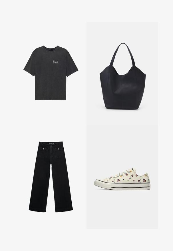 Černé bavlněné tričko s volným střihem, s textem "FÁZE MĚSÍCE" v bílé barvě na levé hrudi. Krátké rukávy, design s kruhovým výstřihem.; Černé široké džíny s vysokým pasem, obsahující dvě přední kapsy a kovové knoflíkové detaily. Látka má hladkou texturu.; Bílé nízké tenisky s barevnými malými květinovými vzory a bílými šňůrkami, pohledem zevnitř na jednobarevném pozadí.; Černá taška přes rameno vyrobená z hladké kůže, s zakřiveným, otevřeným vrchem a dvěma ramenními popruhy, s minimalistickým designem.