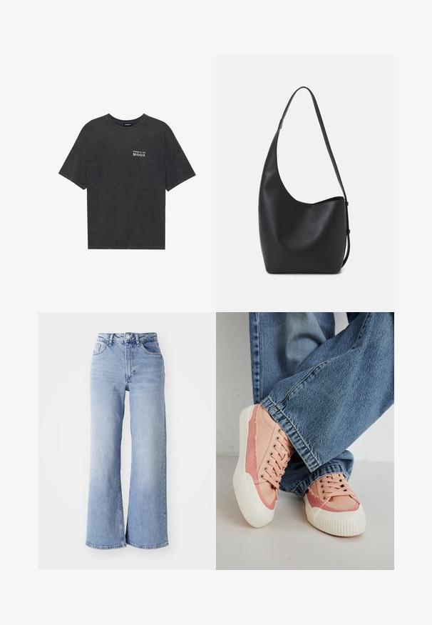 Crna pamučna majica s ležernim krojem, s natpisom "FAZE MJESECA" u bijeloj boji na lijevoj strani prsnog koša. Kratki rukavi, dizajn s okruglim izrezom.; Svijetloplave traperice visokog struka širokih nogavica s prednjim i stražnjim džepovima, kopčanjem na gumbi i suptilnim izblijedjenjem na bedrima i rubovima.; Roze platnene tenisice s bijelim gumiranim đonovima, s okruglim rupama za vezice i istrošenim detaljima, uparene s plavim širokim trapericama.; Crna kožna hobo torba s glatkom teksturom, zakrivljenim oblikom i jednom podesivom trakicom; ima širok otvor na vrhu.