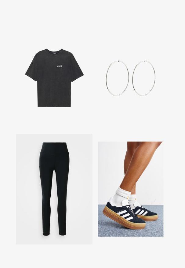 Must t-särk mustast puuvillast, laia lõikega, vasakul rinnal valgete tähtedega tekst "KUU FAASID". Lühikesed varrukad, ümmargune kaelus.; Mustad kõrge vöökohaga sportlikud retuusid küljetaskuga ja täispikkade jalgadega valgel taustal.; Mustad seemisnahast tossud valgete triipude ja detailidega, ümarate varbassosadega, kummist välistallaga, paaritatud valgete soonikuliste meessokkidega.; Hõbedased rõngaskõrvarõngad, millel on sujuv, ümmargune disain ja poleeritud viimistlus. Need on õhukesed ja kerged, omades lihtsat klambrit.