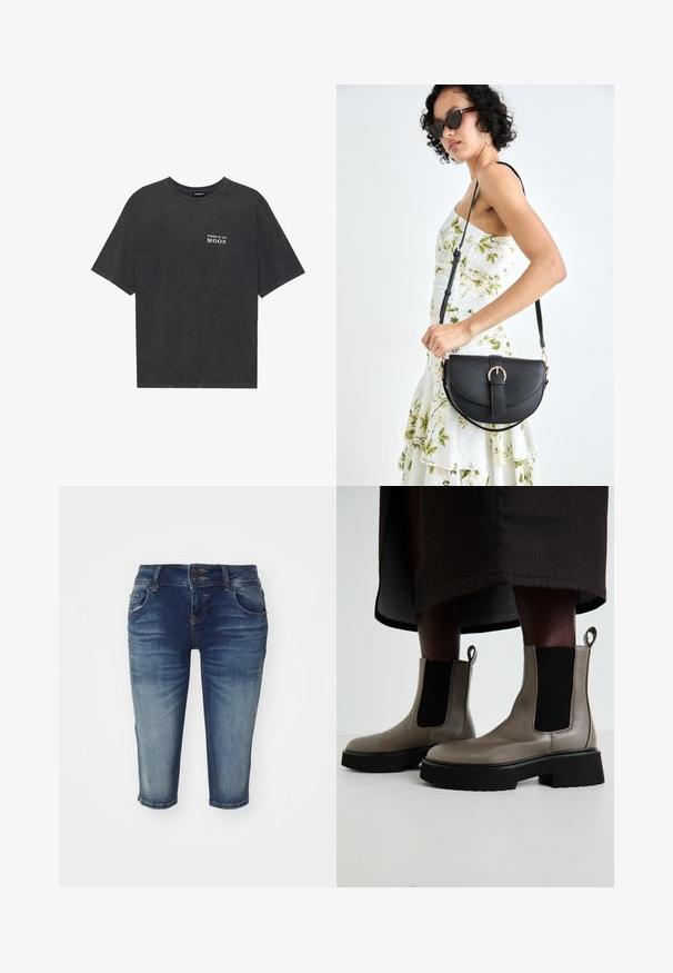 Črna bombažna majica s širokim krojem, ki na levem prsnem delu vsebuje besedilo "FAZE LUNE" v beli barvi. Kratke rokave, krožni ovratnik.; Denim bermuda kratke hlače v temno modri barvi z zbledelim videzom, z petimi žepi, dvojnim gumbom za zapiranje in ravnim krojem.; Sive gležnjarji iz teksturirane usnjene snovi z elastičnimi stranskimi paneli in debelim črnim podplatom. Imajo zanke za enostavno obuvanje.; Črna usnjena torbica s ukrivljeno obliko, z odstranljivo naramnico in zlatimi dodatki. Torbica ima pokrov s podrobnostmi v obliki zaponke.