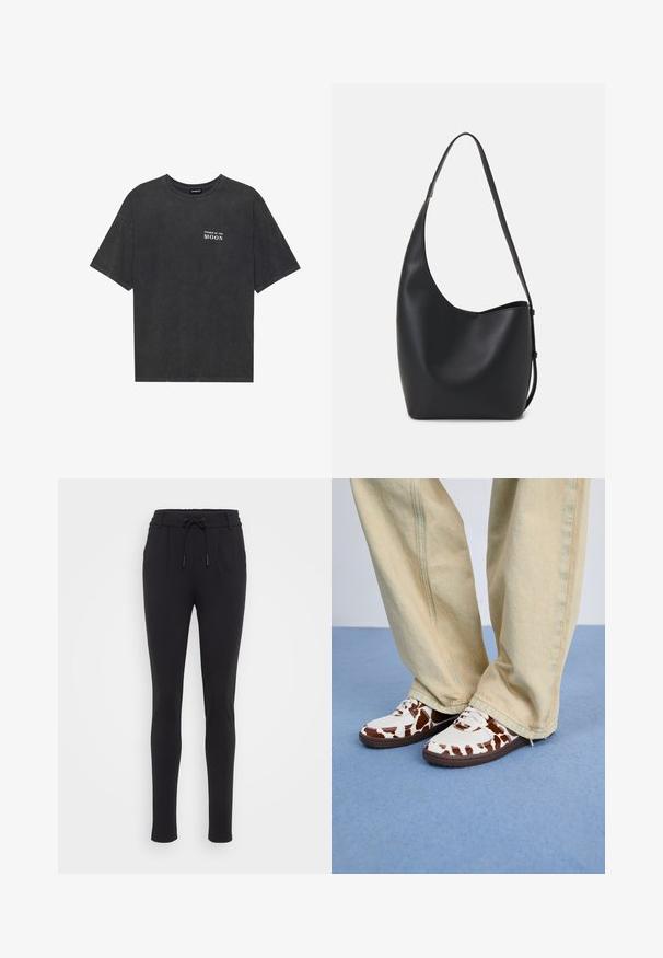 Juoda medvilninė marškiniai su laisvu kirpimu, su „MĖNULIO PHAZĖS“ tekstu balta spalva kairėje krūtinės pusėje. Trumpomis rankovėmis, apvaliu kaklu.; Juodi, siauri džemperiai pagaminti iš minkštos, tamprios medžiagos. Turi elastingą liemenį su raišteliu ir šonines kišenes. Lygus paviršius.; Balti ir rudi raštuoti sportbačiai su tinkliniu audiniu ir oda, su rudais guminiais padu. Suderinti su šviesiai smėlinėmis plačiomis kelnėmis.; Juodas odinis hobo maišas su lygiu paviršiumi, kreipta forma ir viena reguliuojama rankena; turi platų atidarymą viršuje.