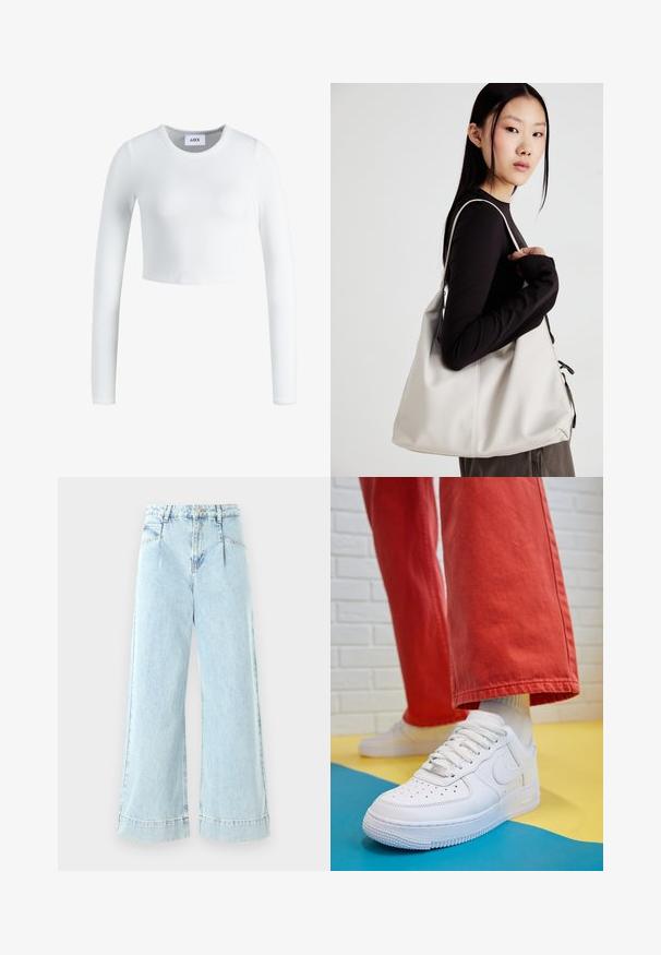 Camisola cropped de manga longa branca, feita de tecido canelado. Apresenta um decote arredondado e um design ajustado. Etiqueta visível na parte interior do pescoço.; Calças de ganga de perna larga de cor azul-claro, com uma cintura alta, bolsos frontais e detalhes cosidos na bainha.; Sapatilha de couro branca com biqueira perfurada, sola texturizada e atacadores brancos, combinada com calças largas vermelhas e um fundo azul e amarelo.; Uma bolsa bege feita de material macio, com um design descontraído, detalhes de costura e duas alças para o ombro. Adequada para uso diário.