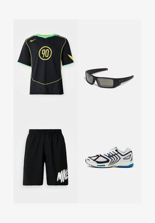 Camisola de desporto preta de manga curta com acentos amarelos e logótipo circular "90". Apresenta um colarinho verde e tecido texturizado.; Calções pretos até ao joelho com cintura elástica e cordão, com um audacioso logo branco da Nike na perna inferior esquerda.; Sapatilha atlética branca com detalhes pretos, painéis de malha e pormenores azuis. Possui uma sola texturizada e linhas de design elegantes.; Óculos de sol pretos com acabamento mate, lentes retangulares, leve curvatura nas hastes, detalhe sutil do logo e lentes de cor fumada.