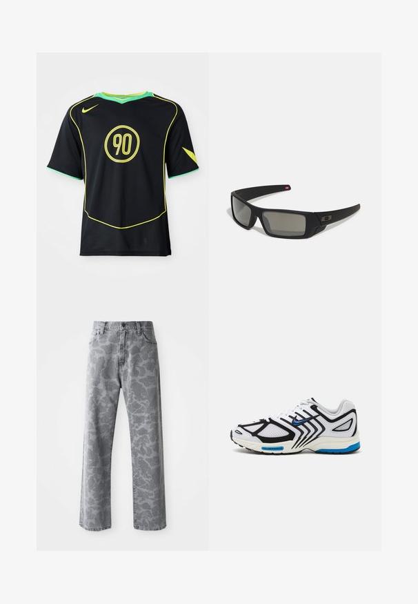 Fekete, rövid ujjú sportmez sárga díszítéssel és kör alakú "90" logóval. Zöld gallérral és strukturált anyaggal rendelkezik.; Szürke farmernadrág, amely kamuflázs mintával, egyenes szárú dizájnnal, öt zsebbel és gombos zárással rendelkezik.; Fehér sportcipő fekete részletekkel, légáteresztő panelek és kék díszítések. Texturált talppal és áramvonalas dizájnvonallal rendelkezik.; Fekete napszemüveg matt felülettel, téglalap alakú lencsékkel, enyhe ívvel a templomokon, diszkrét logó részlettel és füstszínű lencsékkel.