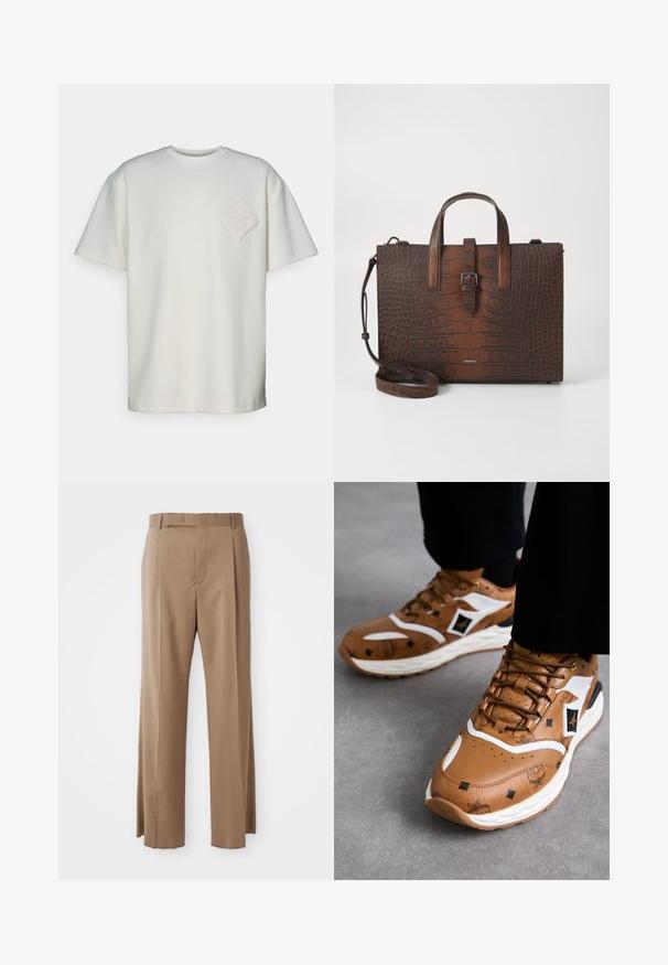 T-Shirt mit kurzen Ärmeln aus off-white Baumwolle, ausgestattet mit einem strukturierten Diamant-Patch mit einer eingeprägten Gestaltung auf der linken Brust.; Hellbraune, maßgeschneiderte Hosen mit geraden Beinen, Gürtelschlaufen, vorderem Naht und verdecktem Verschluss, flach auf weißem Hintergrund dargestellt.; Braune Ledersneaker mit weißen Akzenten, strukturierten Mustern und goldenen Details; dicke weiße Sohle; runde Zehenform und Schnürdesign.; Braune Handtasche aus geprägtem Leder mit Ktopfhörern und einem abnehmbaren Schultergurt. Verfügt über einen Schnappverschluss und hat eine rechteckige Form.
