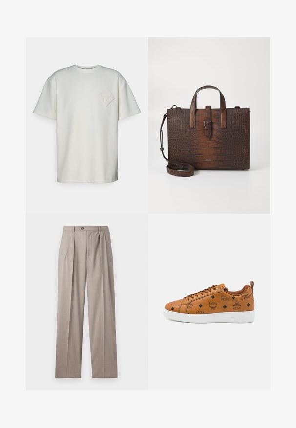 Camiseta de manga corta en algodón color blanco roto, con un parche texturizado en forma de diamante y un diseño en relieve en el lado izquierdo del pecho.; Emporio Armani TROUSER - Pantalones - beige medio; Zapatillas de cuero marrón con logo grabado de MCM, patrón de diamantes, suela de goma blanca y cordones marrones en contraste.; Bolso de mano de cuero marrón con estampado de cocodrilo, con asas superiores y correa de hombro desmontable. Presenta un cierre de hebilla y forma rectangular.