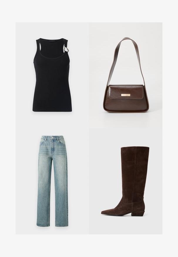 Musta ribbi tanktoppi, jossa on pyöreä pääntie, ohuet hihnat ja metallikoriste vasemmalla olkapäällä. Sujuva kangas, vartalonmyötäinen malli.; Copenhagen Muse JEANNE PANTS - Relaxed fit -farkut - medium dirty washed denim; Tummanruskea mokkanahkainen polven yli ylettyvä saapas, jossa on matala lohkoheel ja teräväkärkinen muoto, esitetty sivulta valkoista taustaa vasten.; Ruskea nahkainen olkalaukku, jossa on rakenteellinen muotoilu, ja jossa on magneettinen läppäkiinnitys sekä metallinen logo korostus edessä.