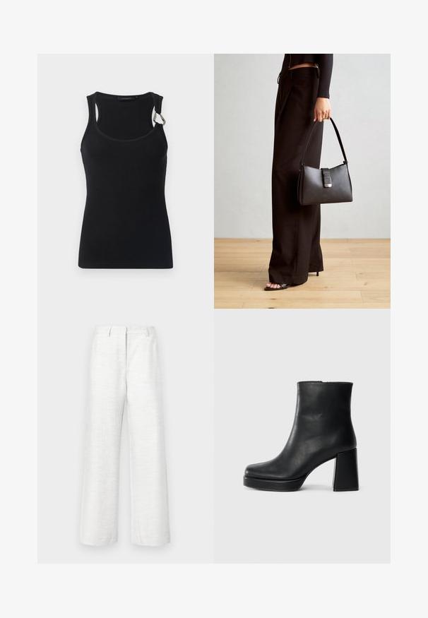 Crni rebrasti majica bez rukava s okruglim izrezom, tankim naramenicama i metalnim detaljem na lijevom ramenu. Glatka tekstura tkanine, dizajn koji se prilagođava tijelu.; Hlače širokog kroja od laganog bijelog lana s suptilnom teksturiranom završnom obradom, s prednjim pregibom i standardnim pojasom.; Crna kožna čizma do gležnja s blok petom i platformom, prikazana s bočne strane na jednostavnoj bijeloj pozadini.; Crna torba s oblikom koji sadrži strukturu, glađu teksturu i metalnu kopču. Uparena s širokim crnim hlačama i sandalama na otvorenom s drvenog poda.