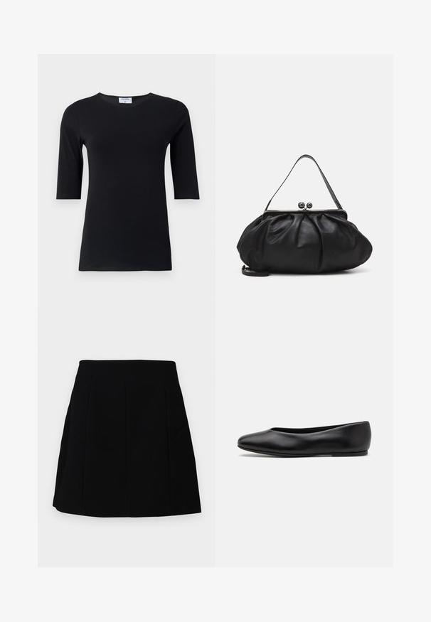 Top nero a maniche lunghe realizzato in morbido tessuto elastico. Presenta un collo rotondo e una silhouette aderente con maniche di lunghezza media.; Gonna mini nera con una silhouette strutturata, caratterizzata da cuciture frontali e tasche laterali, realizzata in un tessuto morbido e leggero.; Paul Smith TOPANGA - Ballerine - black; Borsa a mano in pelle nera con un design arrotondato e plissettato. Presenta una chiusura metallica con due palline decorative e una tracolla sottile e removibile.