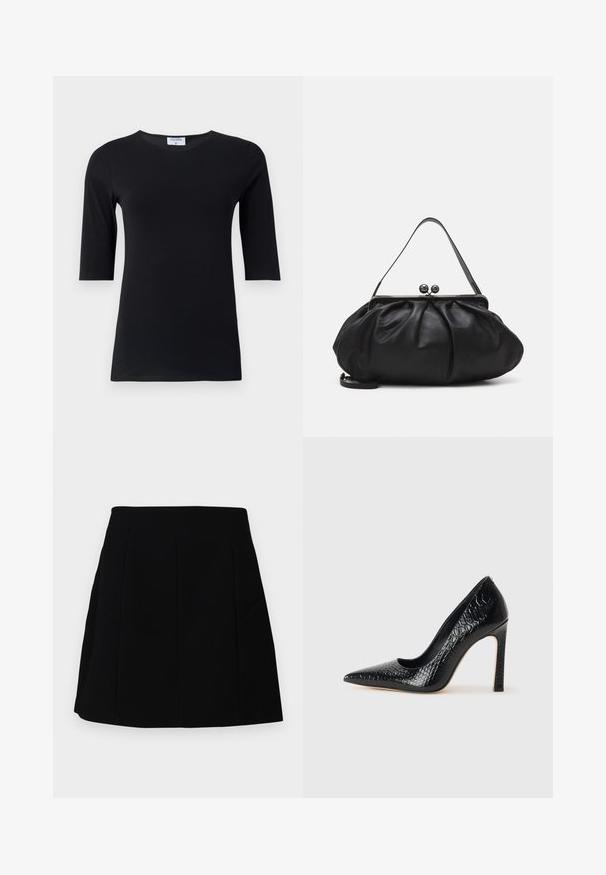 Czarna bluzka z długim rękawem, wykonana z miękkiego, elastycznego materiału. Posiada okrągły dekolt oraz dopasowany krój z rękawami o średniej długości.; Czarna mini spódnica o strukturalnym kroju, z przeszyciami z przodu i bocznymi kieszeniami, wykonana z gładkiego, lekkiego materiału.; Czarne szpilki z ostrym noskiem, pokryte teksturą skóry krokodyla, charakteryzujące się eleganckim wzornictwem, wysokim obcasem w stylu stiletto oraz gładkim czarnym wnętrzem.; Czarna skórzana torebka o zaokrąglonym, plisowanym wzorze. Posiada metalowy zamek z dwoma dekoracyjnymi kulkami oraz smukły, odpinany pasek.