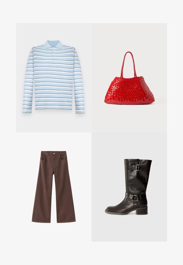 Světle modrá polokošile s dlouhým rukávem, vodorovné šedé a bílé pruhy a límečkový výstřih.; Hnědé džíny s širokými nohavicemi vyrobené z denimu. Mají pět kapes, zipový klouzák a kovové nýty. Hladká textura a klasický design.; Hnědé kožené vysoké boty po kolena s kulatou špičkou, bočním detailem na sponě a masivním podpatkem. Hladká textura s kovovými akcenty na pásku.; Červená tkaná kabelka s lesklým povrchem, vybavená pletenými ušima. Výrazný trojúhelníkový tvar a texturovaný povrch s hustým vzorem.