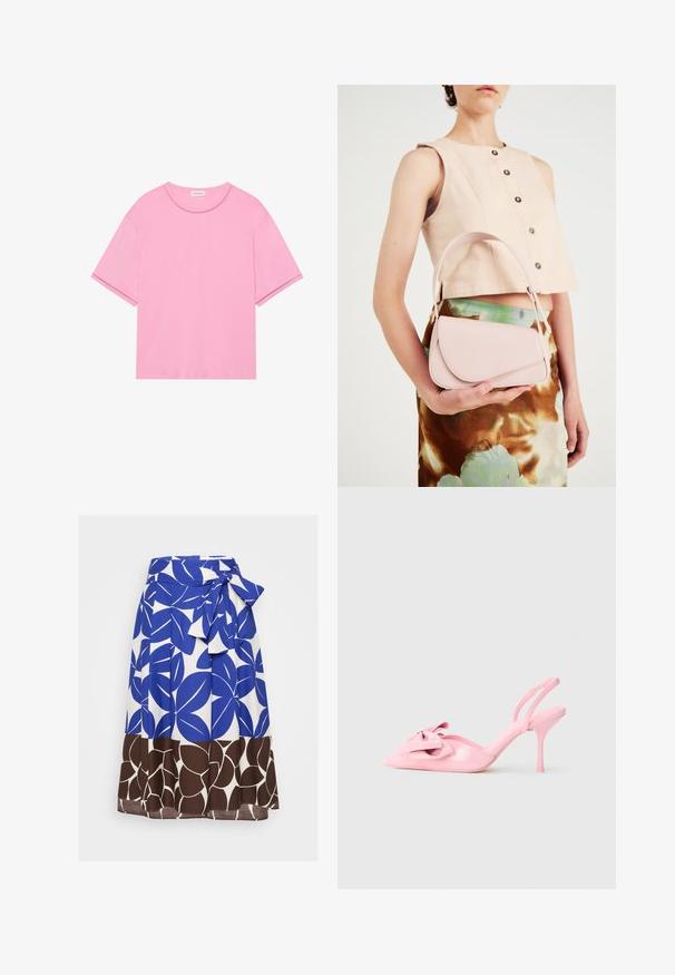 T-shirt rose en coton doux avec un col rond et des manches courtes. Présente des détails de couture subtils au niveau du col et de l'ourlet.; Jupe bleue et blanche mettant en avant un motif de feuilles audacieux, avec une taille nouée et un ourlet inférieur floral marron. Fabriquée en tissu léger.; Escarpins à talon aiguille en cuir verni rose avec un bout pointu, un nœud décoratif à l'avant et un talon fin. Texture lisse.; Sac à main en cuir rose avec un rabat arrondi, une bandoulière unique et des lignes épurées. Le sac présente une texture lisse et un design minimaliste.