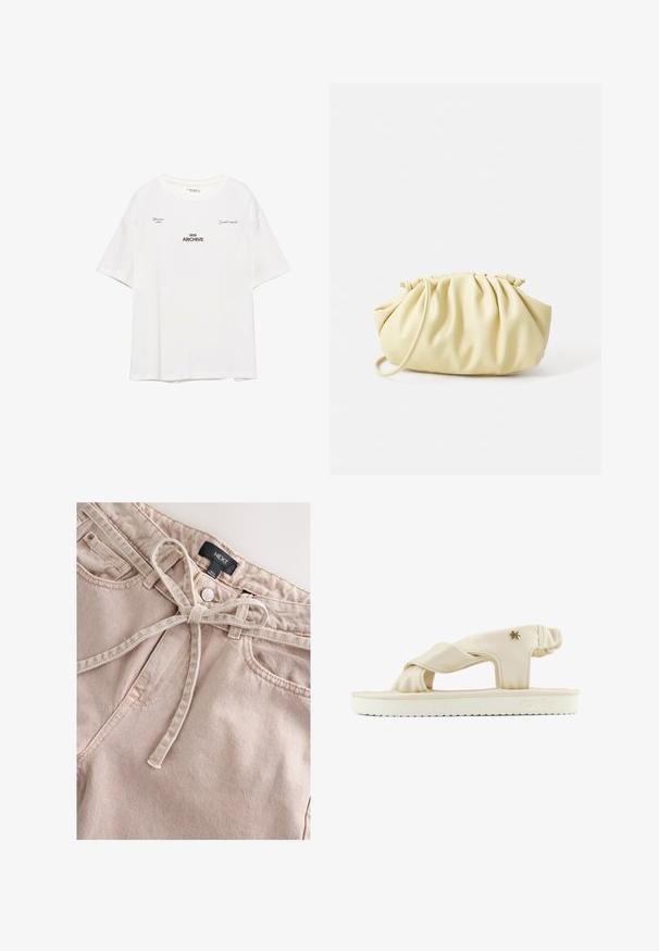 Weißes T-Shirt mit kurzen Ärmeln, das den Text "NEW ARCHIVE" in Braun zeigt, mit zusätzlichen kleinen Textakzenten oben links und rechts. Weicher Stoff.; Hellrosa Jeanshose mit Bindegürtel, ausgestattet mit einem vorderen Knopf, Gürtelschlaufen und zwei vorderen Taschen, mit strukturiertem Stoff.; Beige Flip-Flop-Sandale mit einem überkreuzten Riemendesign, aus weichem Material gefertigt, mit einer geriffelten Sohle und einem kleinen metallischen Akzent.; Gelbe, gefaltete Handtasche aus glattem Kunstleder mit weicher Form, einzigem Schulterriemen und gerafftem Oberteil.