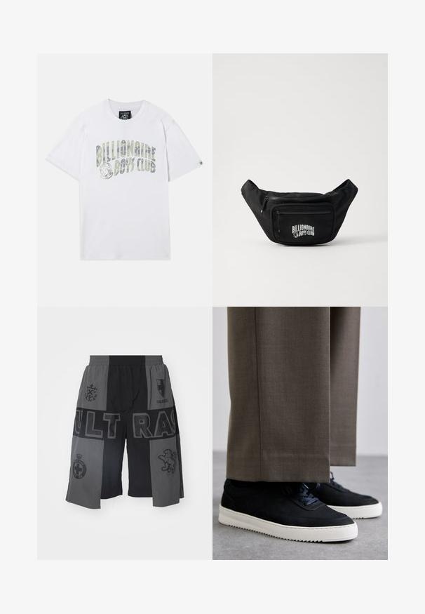 Balts kokvilnas T-krekls ar "Billionaire Boys Club" tekstu gradienta dizainā. Īsas piedurknes un apaļa kakla izgriezums.; Melni un pelēki šorti ar elastīgu jostu, uz kuriem ir dažādi grafiski attēli un raksti, tostarp teksts un emblēmas, brīvā piegriezumā.; Melni zamšaini sporta apavi ar baltām gumijas zolēm, ar noapaļotu purngalu un auklām, valkāti ar pelēkiem piegrieztiem biksēm.; Melnā neilona jostas soma ar priekšējo rāvējslēdzēju kabatu, rotāta ar "Billionaire Boys Club" logo baltā krāsā. Gluda tekstūra un izliekta forma.