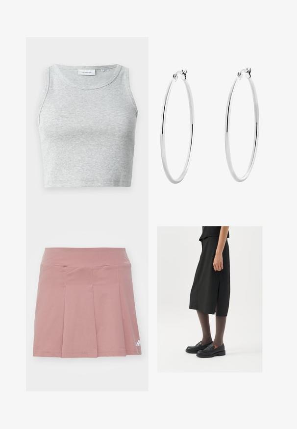 Pilkas juostuotas palaidinukas be rankovių, su apvaliu iškirpimu. Minkšta tekstūra ir prigludęs dizainas, tinkamas kasdieniam dėvėjimui arba sluoksniavimui.; Rožinė sportinė sijonas su prigludusia juosmeniu ir raukšlėta struktūra. Pagamintas iš lengvos medžiagos, su logotipo detaile apatiniame kampe.; Juoda kelių ilgumo sijonas su šonine skeltimi, derinamas su juodais loaferiais ir permatomomis rudomis pėdkelnėmis, pasižyminti lygiu audiniu ir paprastu dizainu.; Sidabriniai auskarai žiedai su lygiu, poliruotu paviršiumi ir plonu, apvaliu formatu. Dizainas turi saugų užsegimą.