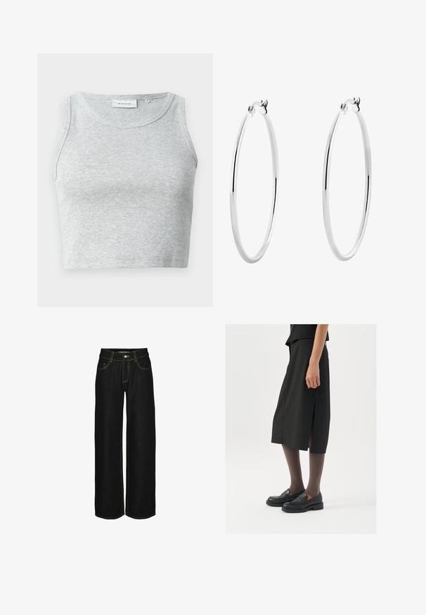 Siva rebrasta majica bez rukava z okruglim izrezom. Mekana tekstura i kroj koji se dobro prilagođava, pogodna za ležerne ili slojevite kombinacije.; Črne široke jeans hlače iz denima s kontrastnim rumenim šivi. Imajo gumbasto zapiranje in več žepov.; Črna krila do kolen z bočnim razporkom, v kombinaciji s črnimi loaferji in prosojnimi rjavimi nogavicami, ki imajo gladko tkanino in preprost dizajn.; Srebrni obroči za ušesa z gladko, polirano površino in tanko, okroglo obliko. Oblikovanje vključuje varen zaponko.