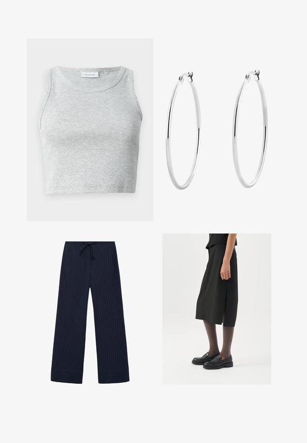 Harmaa ribattua hihattomaa tanktoppi, jossa on pyöreä pääntie. Pehmeä materiaali ja ihonmyötäinen malli, sopii rentoihin asuihin tai kerroksellisiin vaihtoehtoihin.; Merihenkiset leveälahkeiset housut, joissa on pinnastripesuunnittelu, elastinen vyötärönyöri, sivutaskut ja teksturoitu kangas.; Mustat polvenpituinen hame, jossa on sivuaukko, yhdistettynä mustiin loafer-kengiin ja ohuisiin ruskeisiin sukkahousuihin. Hameessa on sileä kangas ja yksinkertainen muotoilu.; Hopeakorvakorut, joissa on sileä, kiillotettu pinta ja saumaton muotoilu, pyöristetyt reunat ja turvallinen lukko.