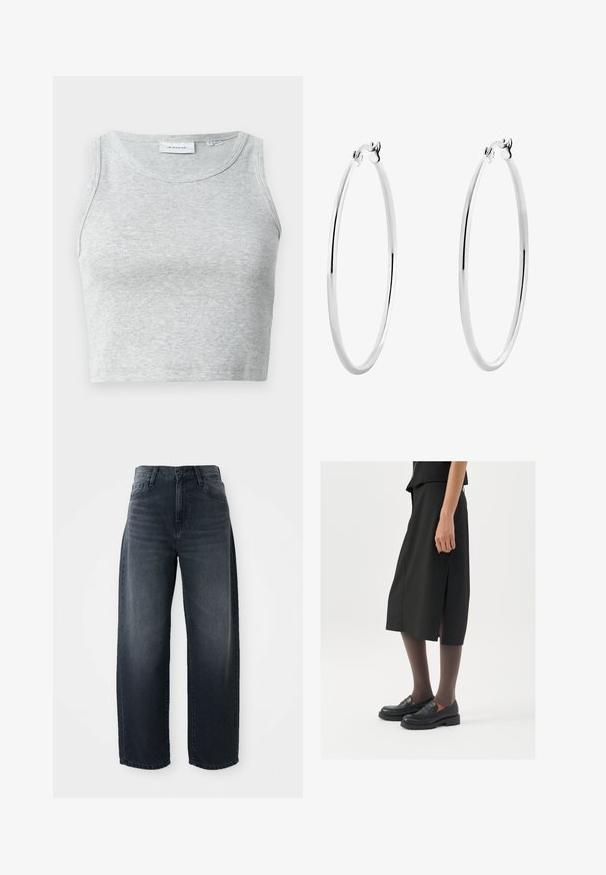 Sivi rebrasti top bez rukava s okruglim izrezom. Mekana tekstura i prilagođeni dizajn, pogodan za ležerne kombinacije ili slojevito oblikovanje.; Jeans širokih nogavica od tamnog denima, s visokim strukom, klasičnom gumbom i zatvaračem, te suptilnim izblijeđivanjem na prednjem dijelu.; Crna suknja do koljena s bočnim prorezom, uparena s crnim loafericama i prozirnim smešnim čarapama, sa glatkom tkaninom i jednostavnim dizajnom.; Srebrne naušnice u obliku obruča s glatkom, poliranom završnom obradom i besprijekornim dizajnom, s zaobljenim rubovima i sigurnim kopčama.