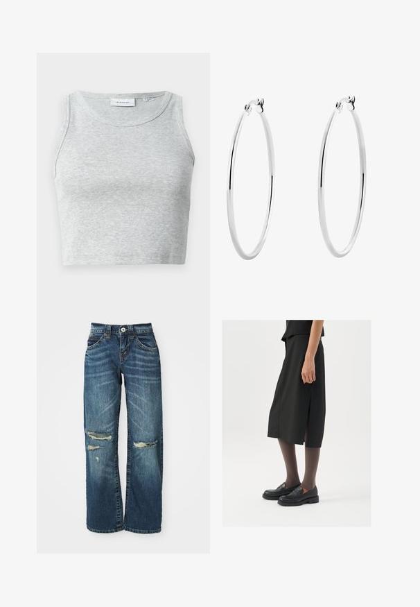 Grå ribbet tank topp med rund halslinje og uten ermer. Myk tekstur og tettsittende design, egnet for hverdagsbruk eller som et lag under.; Blå dongeri hjørne med vid benklipp, med slitte områder, frynsete rifter over knærne og standard knapp-og-glidelås lukking.; Svart knelengde skjørt med sidespalte, parret med svarte loafers og gjennomsiktige brune strømpebukser, med en glatt stoffkvalitet og enkel design.; Sølv øreringer i form av ringer med en glatt, polert overflate og sømløst design, som har avrundede kanter og en sikker lås.