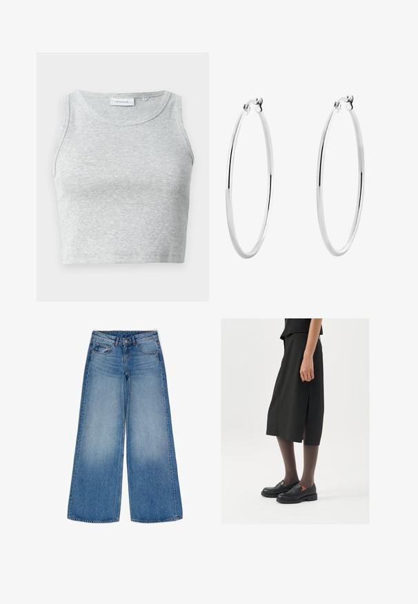 Top senza maniche a costine grigio con scollatura rotonda. Tessuto morbido e design aderente, adatto per look casual o in sovrapposizione.; Jeans in denim blu a gamba larga con un lavaggio sbiadito. Presentano tasche robuste, una vita alta e una chiusura classica con bottone e zip.; Gonna nera alla lunghezza del ginocchio con spacco laterale, abbinata a mocassini neri e collant trasparenti marroni, caratterizzata da un tessuto liscio e un design semplice.; Orecchini a cerchio in argento con una superficie liscia e lucida e una forma circolare sottile. Il design presenta una chiusura sicura.