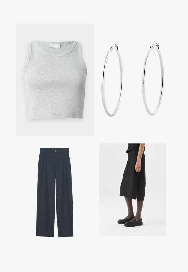 Grijze ribbel tanktop met een ronde hals en zonder mouwen. Zachte textuur en een getailleerd ontwerp, geschikt voor casual of om te combineren.; Wijduitlopende broeken van gestructureerde donkergrijze stof, met voren geplooide details, een knoopsluiting en praktische zijzakken.; Zwarte knielange rok met zijsplit, gecombineerd met zwarte loafers en doorzichtige bruine panty's, met een mooie stof en een eenvoudig ontwerp.; Zilveren creolen met een glad, gepolijst oppervlak en een naadloos ontwerp, voorzien van afgeronde randen en een stevige sluiting.