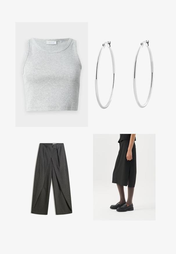 Sivi rebrasti top bez rukava s okruglim izrezom. Mekana tekstura i prilagođeni dizajn, pogodan za ležerne kombinacije ili slojevito oblikovanje.; Sivi hlače s prugicama u opuštenom kroju, s jednim gumbom, naborima i širokim nogavicama.; Crna suknja do koljena s bočnim prorezom, uparena s crnim loafericama i prozirnim smešnim čarapama, sa glatkom tkaninom i jednostavnim dizajnom.; Srebrne naušnice u obliku obruča s glatkom, poliranom završnom obradom i besprijekornim dizajnom, s zaobljenim rubovima i sigurnim kopčama.
