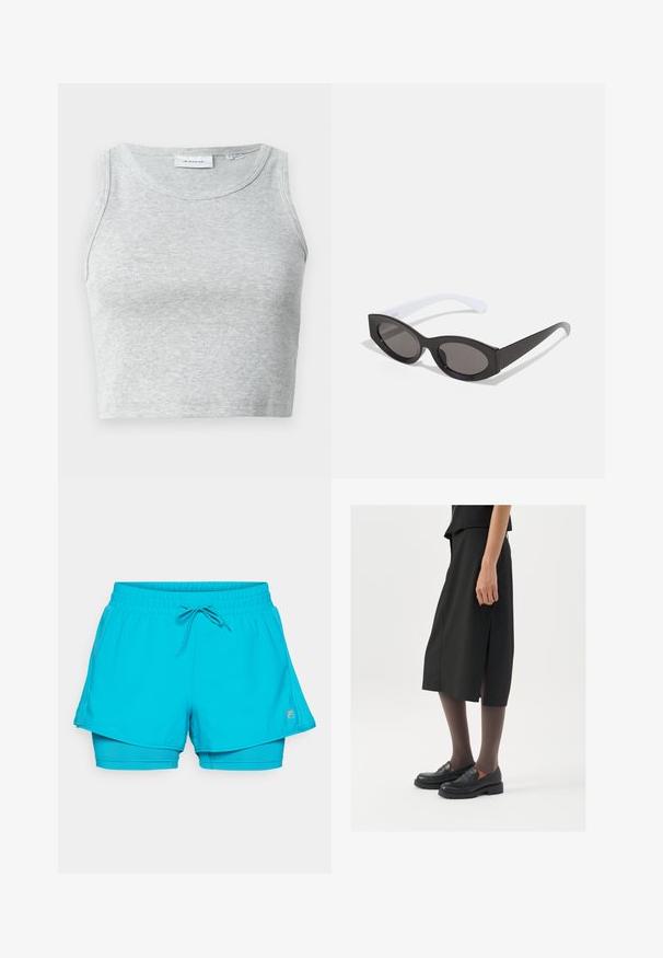 Siva rebrasta majica bez rukava z okruglim izrezom. Mekana tekstura i kroj koji se dobro prilagođava, pogodna za ležerne ili slojevite kombinacije.; Akvamarinske atletske hlače s vrvico v pasu, z večplastnim dizajnom in notranjimi prilagodljivimi hlačami, narejene iz lahkotnega, raztegljivega materiala.; Črna krila do kolen z bočnim razporkom, v kombinaciji s črnimi loaferji in prosojnimi rjavimi nogavicami, ki imajo gladko tkanino in preprost dizajn.; Črne ovalne sončne očala z sijajno površino in debelimi okvirji; bele temple, ki se postopoma zožujejo, z temno zatemnjenimi lečami.; Srebrni obročki za ušesa z gladkim, poliranim zaključkom in brezšivno zasnovo, s zaobljenimi robovi in varnim zapiranjem.