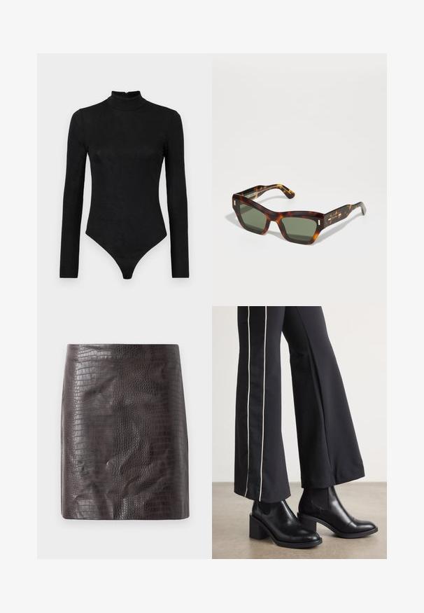 Mustas pikkade varrukatega bodi kõrge kaelusega ja peene tekstuuriga. Omab seljaosast lukku ja stringi stiilis alumist osa.; Tumedatest krokodilli nahkaga lühike seelik, millel on sile tekstuur ja kehakujuline siluett, millel on allääres kerge laienemine.; Mustad nahast pahklu_bootid, millel on ploki konts ja elastsed külgpaneelid. Kombineeritud mustade pükstega, millel on valge küljeriba.; Kilimustad päikseprillid ristküliku kuju roheliste läätsedega. Paks raam, millel on kuldsed aktsendid templites. Sile tekstuur ja nurgeline disain.