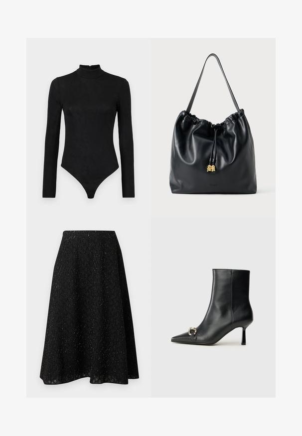 Body noir à manches longues avec un col montant et une texture subtile. Comprend une fermeture éclair au dos et un design de bas en thong.; Jupe midi noire en tissu texturé, présentant un motif en losanges et un léger scintillement. Silhouette évasée en forme de A avec un tombé fluide.; Bottine en cuir noir avec un bout pointu, un talon moyen fin et un détail de boucle en argent sur le côté, se détachant sur un fond uni.; Sac en cuir noir avec cordon de serrage, texture lisse, partie supérieure froncée et matériel doré discret. Dispose d'une seule sangle robuste et d'un logo embossé.