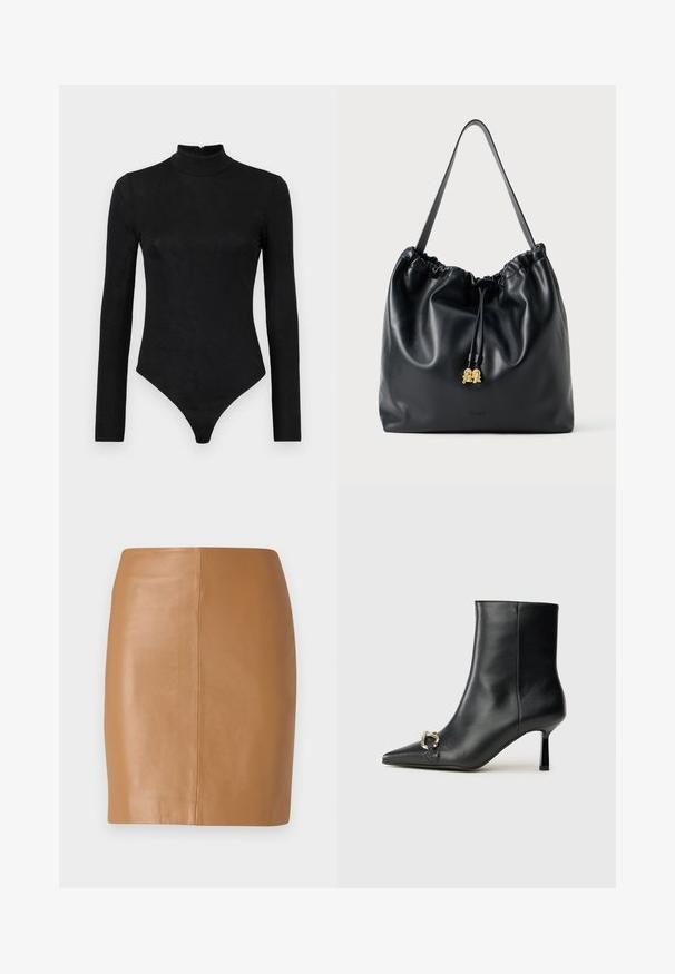 Juodas ilgam rankovėms bodžių su aukštu kaklu ir subtilia tekstūra. Fasuotuvų gale ir thong tipo apatinė dalis.; Šviesiai rudos odinės mini sijonas su elegantišku dizainu, pasižymintis glotnia tekstūra ir tiesia siluetu, be puošmenų ir be kišenių.; Juodas odinis apavas iki kulkšnies su smailiu nosiu, plonu vidutinio aukščio kulnu ir sidabriniu sagties akcentu šone, prieš paprastą foną.; Juodas odinis maišelis su virvute, turintis lygią tekstūrą, susiraukšlėtą viršų ir subtilų auksinį apdailą. Turi vieną tvirtą diržą ir įspaustą logotipą.