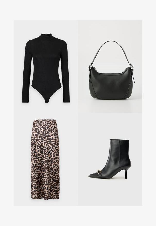 Svart langermet bodysuit med høy hals og subtil tekstur. Har en glidelås på baksiden og et tanga-bunndesign.; Løveprikket satengskjørt med høy liv, knelang silhuett, glinsende tekstur og en flytende design.; Sorte lær ankle boot med spiss tå, slank mid-høyde hæl og sølvspenne på siden mot en enkel bakgrunn.; Svart skinnveske med en buet form, sølv glidelås og kort håndtak. Har en subtil logo på forsiden og glatt tekstur.