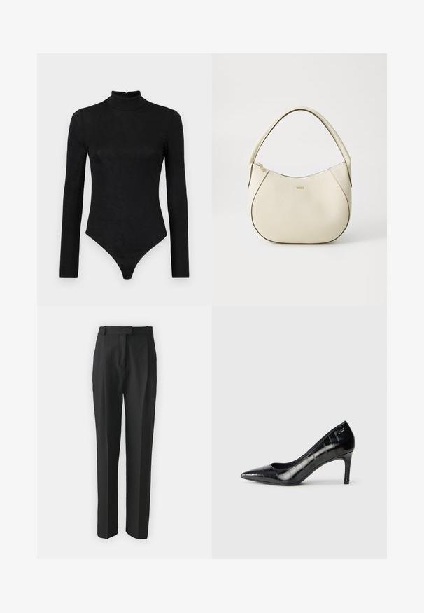 Fekete, hosszú ujjas body magas nyakkal és diszkrét textúrával. Hátul cipzárral és tanga alsórésszel rendelkezik.; Fekete, testre szabott nadrág, könnyű anyagból készült, egyenes szabású, lapos elülső résszel és övhurkokkal. Simának tűnő textúra, látható minták nélkül.; Fekete, hegyes orrú, magas sarkú cipők fényes felülettel és visszafogott mintázattal. Mérsékelt sarokkal és nyitott vápa dizájnnal rendelkeznek.; Krém színű kézi táska texturált felülettel, ívelt formával, rövid fogantyúval és arany színű logó részlettel. Cipzáros záródás a tetején.