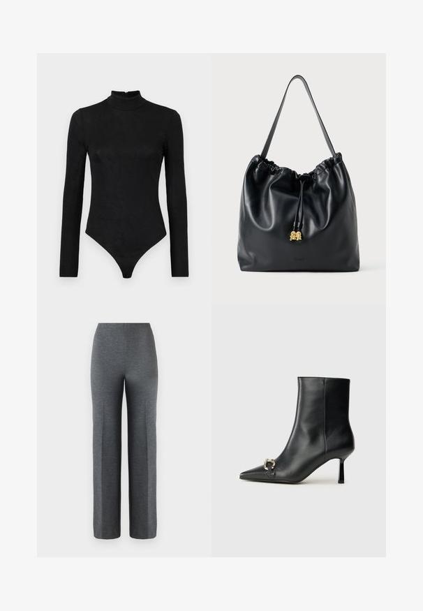 Black long-sleeve bodysuit with a high neck and subtle texture. Features a back zipper and a thong bottom design.; Gray, wide-leg pants made of a soft, textured fabric. Features a high waist and no visible hardware or embellishments.; Black leather ankle boot with pointed toe, slim mid-height heel, and silver buckle detail on side against plain background.; Black leather drawstring bag with a smooth texture, gathered top, and subtle gold hardware. Features a single sturdy strap and embossed logo.