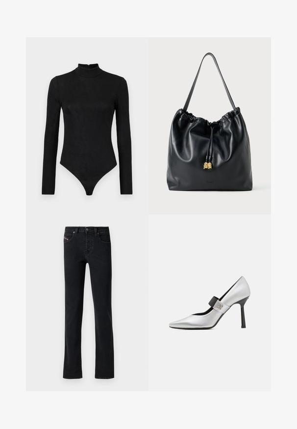 Črni bodi z dolgimi rokavi, visokim ovratnikom in subtilno teksturo. Ima zadrgo na hrbtni strani in zasnovo tangic.; Črne traper hlače s ravnim krojem, ki imajo pet žepov in subtilne šivane podrobnosti. Tkanina ima gladko teksturo in minimalno bledenje.; Srebrna usnjena visokotlačna čevlja s koničastim nosom, črnim trakastim poudarkom in sijajnim zaključkom, ki se ponaša z elegantno silhueto in tankim peto.; Črna usnjena torba s vrvico z gladko teksturo, nabranim vrhom in subtilno zlatasko strojno opremo. Ima eno robustno naramnico in vtisnjen logotip.