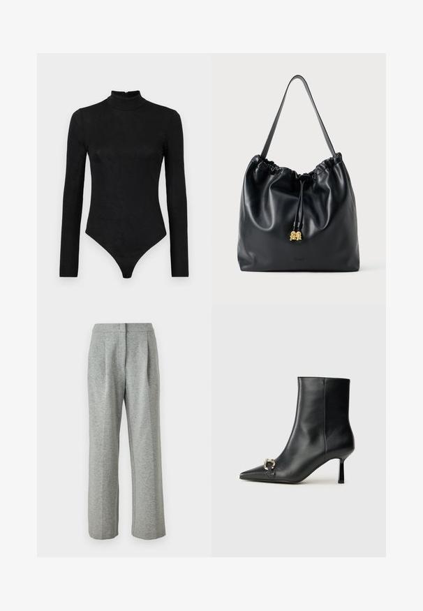 Black long-sleeve bodysuit with a high neck and subtle texture. Features a back zipper and a thong bottom design.; Gray, high-waisted trousers made of a soft, textured fabric. Features two front pleats and a straight-leg design, with a button closure.; Black leather ankle boot with pointed toe, slim mid-height heel, and silver buckle detail on side against plain background.; Black leather drawstring bag with a smooth texture, gathered top, and subtle gold hardware. Features a single sturdy strap and embossed logo.
