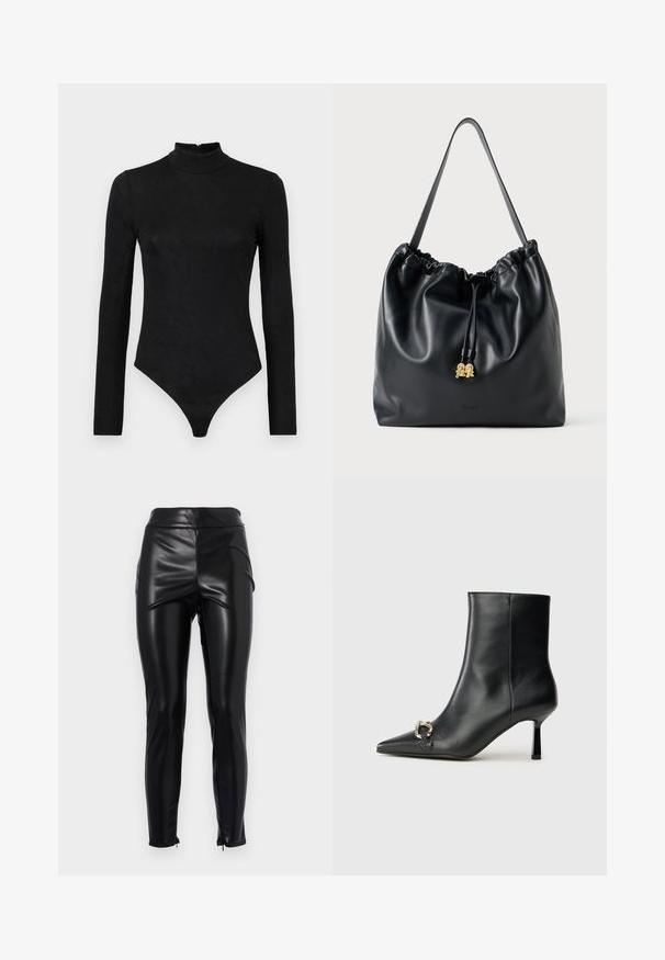 Body nero a maniche lunghe con collo alto e subtile texture. Dotato di zip sul retro e design a brasiliana.; Leggings neri in finta pelle a vita alta con una texture liscia e lucida, cuciture laterali e cerniere alla caviglia per una silhouette aderente.; Stivale alla caviglia in pelle nera con punta affusolata, tacco sottile di media altezza e dettaglio in fibbia argentata sul lato, su sfondo semplice.; Borsa a tracolla nera in pelle con texture liscia, parte superiore arricciata e hardware dorato sottile. Presenta una tracolla robusta e un logo impresso.
