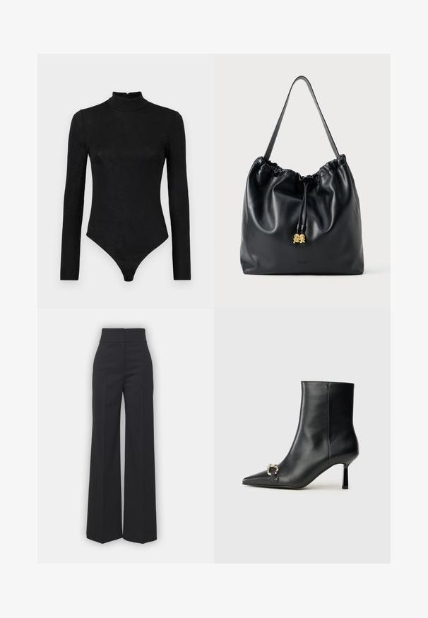 Body preto de manga longa com gola alta e textura subtil. Apresenta um fecho nas costas e um design de fundo tipo fio dental.; Calças largas em tecido preto com um cós alto, apresentando um acabamento limpo e uma textura suave. Sem hardware ou padrões visíveis.; Bota preta de couro até ao tornozelo com bico apontado, salto slim de altura média e detalhe em fivela prateada de lado, contra um fundo simples.; Mala de cordão em couro preto com uma textura suave, topo franzido e discretos acessórios em dourado. Apresenta uma única alça resistente e um logótipo embossado.
