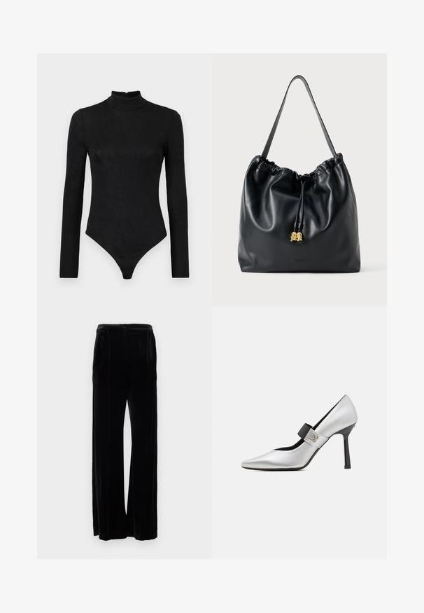 Black long-sleeve bodysuit with a high neck and subtle texture. Features a back zipper and a thong bottom design.; Black velvet wide-leg trousers with a smooth texture, featuring a high waistband and two front pleats, extending to the floor.; Silver leather high-heeled shoe with a pointed toe, black strap accent, and glossy finish, featuring a sleek silhouette and thin heel.; Black leather drawstring bag with a smooth texture, gathered top, and subtle gold hardware. Features a single sturdy strap and embossed logo.