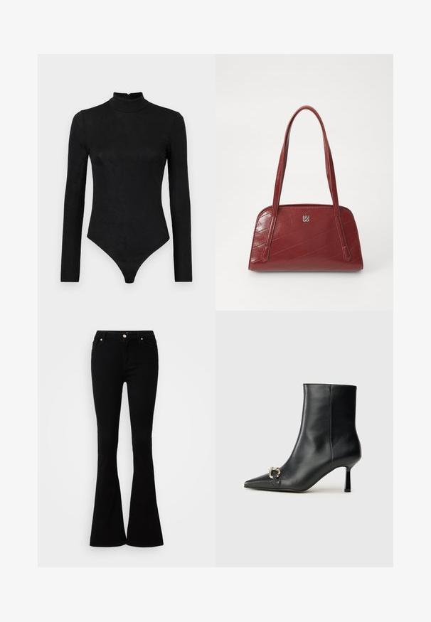 Black long-sleeve bodysuit with a high neck and subtle texture. Features a back zipper and a thong bottom design.; Black flared jeans made of denim with a smooth texture, featuring a button closure, two front pockets, and a simple design.; Black leather ankle boot with pointed toe, slim mid-height heel, and silver buckle detail on side against plain background.; Red quilted handbag made of glossy material, featuring two long handles and a silver logo accent. Diagonal stitching creates texture.