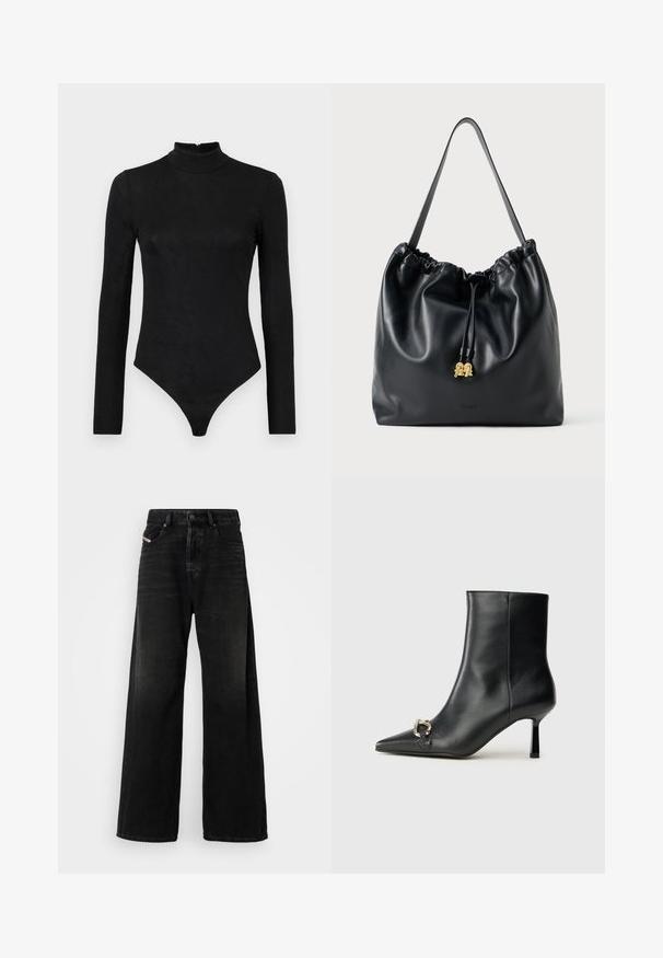 Black long-sleeve bodysuit with a high neck and subtle texture. Features a back zipper and a thong bottom design.; Wide-leg black denim jeans with a high waist, featuring a button closure, front pockets, and a faded texture.; Black leather ankle boot with pointed toe, slim mid-height heel, and silver buckle detail on side against plain background.; Black leather drawstring bag with a smooth texture, gathered top, and subtle gold hardware. Features a single sturdy strap and embossed logo.