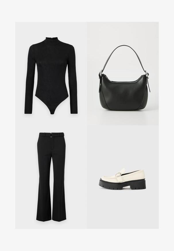 Mustas pikkade varrukatega bodi kõrge kaelusega ja peene tekstuuriga. Omab seljaosast lukku ja stringi stiilis alumist osa.; Mustad flared püksid siledast materjalist, millel on hästi istuv talje ja hõbedane kinnitusega vöö. Puhta disainiga ja ilma nähtavate mustriteta.; Valge nahast loafer, millel on massiivne must platvormi tald, neljakandiline hõbedane pandla ja nähtavalt õmblusdetail ülaserval.; Must mustast nahkaga kott, millel on kaarjas kuju, hõbedane tõmblukk ja lühike käepide. Ees on peen logo ning kott on sileda tekstuuriga.
