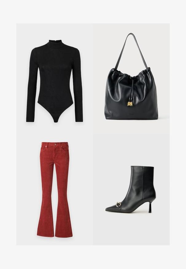 Black long-sleeve bodysuit with a high neck and subtle texture. Features a back zipper and a thong bottom design.; Red corduroy flared jeans feature a high waist, front button closure, and two pockets. The fabric has a textured finish with vertical stripes.; Black leather ankle boot with pointed toe, slim mid-height heel, and silver buckle detail on side against plain background.; Black leather drawstring bag with a smooth texture, gathered top, and subtle gold hardware. Features a single sturdy strap and embossed logo.