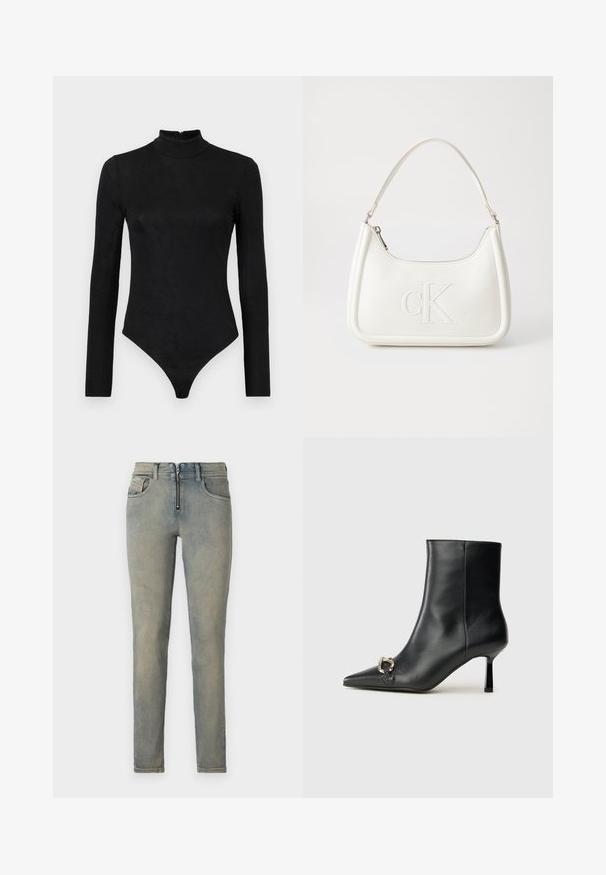 Juodas ilgam rankovėms bodžių su aukštu kaklu ir subtilia tekstūra. Fasuotuvų gale ir thong tipo apatinė dalis.; Lieknos džinsinės kelnės šviesiai mėlynos spalvos, su priekiniais užtrauktukais, penkiomis kišenėmis ir šviesiai nusidėvėjusiu audiniu su subtiliais spalvų skirtumais.; Juodas odinis apavas iki kulkšnies su smailiu nosiu, plonu vidutinio aukščio kulnu ir sidabriniu sagties akcentu šone, prieš paprastą foną.; Balta odinė rankinė su išlenkta forma, su reljefiniu "CK" logotipu priekyje ir viena petneša. Užtrauktuko uždarymas viršuje.