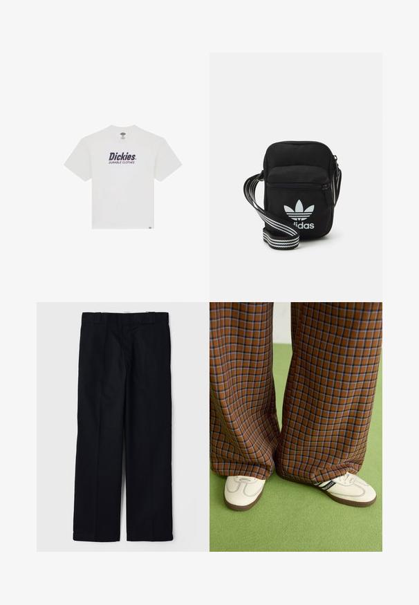 Bílá bavlněná tričko s krátkými rukávy, kulatým výstřihem, se současným potiskem "Dickies" a "DURABLE CLOTHES" v tmavě modré barvě. Klasický střih.; Černé kalhoty z hladkého materiálu, s rovnými nohavicemi, bočními kapsami a klasickým pasem s poutky na pásek.; Hnědo-modré kostkované široké kalhoty doplněné bílými botami s černými akcenty a texturovanou podrážkou, umístěné na zeleném pozadí.; Černá crossbody taška z látky se zipovým uzávěrem, obsahující bílé logo Adidas a pruhovaný nastavitelný popruh pro snadné nošení.