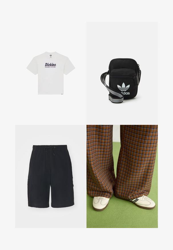 Biała bawełniana koszulka z krótkim rękawem, okrągłym dekoltem, z napisem "Dickies" oraz "DURABLE CLOTHES" w ciemnoniebieskim kolorze. Klasyczny krój.; Czarne szorty cargo z elastycznym pasem, sznurkiem, bocznymi kieszeniami i kontrastowym szwem. Wykonane z lekkiego materiału.; Brązowo-niebieskie spódnice w kratę o szerokich nogawkach zestawione z białymi butami z czarnymi akcentami i teksturowaną podeszwą, na tle zielonego tła.; Czarna torba crossbody wykonana z materiału, z zamknięciem na zamek błyskawiczny, z białym logo Adidas oraz regulowanym paskiem w paski, co ułatwia noszenie.