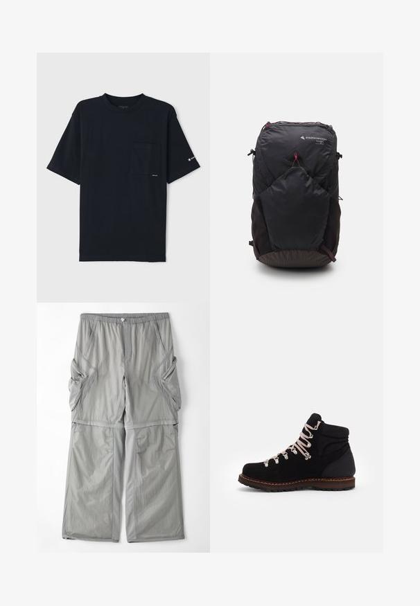 Melnas kokvilnas T-krekls ar īsām piedurknēm, apaļu kakla izgriezumu un krūšu kabatu. Uz piedurknes ir neliels logo un gluda tekstūra.; Gai pelēki, elpojoši auduma bikses ar elastīgu jostu, sānu kabatām un kontrastējošu pelēku apdari gar šuvēm. Brīvs piegriezums.; Melnas zamšādas pārgājienu zābaki ar rozā šņorēm, metāla acs, mīkstinātu potīšu atbalstu un teksturētu gumijas zoli, ar kontrastējošu brūnu vidussole.; Melna mugursoma ar trīsstūra logo, 26L ietilpība, ar rāvējslēdzēju, teksturēta apakšējā paneļa un kontrastējošiem sarkanajiem akcentiem papildu detaļām.