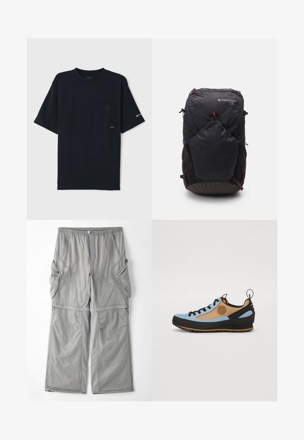 Mustat puuvillapaita, jossa on lyhyet hihat, pyöreä kaula-aukko ja rintatasku. Paidassa on pieni logo hihassa ja sileä pinta.; Hailakka harmaa, hengittävä kangashousut, joissa on joustava vyötärö, sivutaskut ja kontrastivärinen harmaa kaitale saumoissa. Laiska istuvuus.; Vaaleansininen ja ruskea monimateriaalinen kenkä mustilla yksityiskohdilla, rakenteellinen pinta, pyöreä kärki, nauhat ja kantapäävetoketju helpompaa pukemista varten.; Musta reppu kolmion muotoisella logolla, 26 litran kapasiteetilla, vetoketjulla suljettava, teksturoitu alaosa ja kontrastiväriset punaiset yksityiskohdat lisätyyleinä.