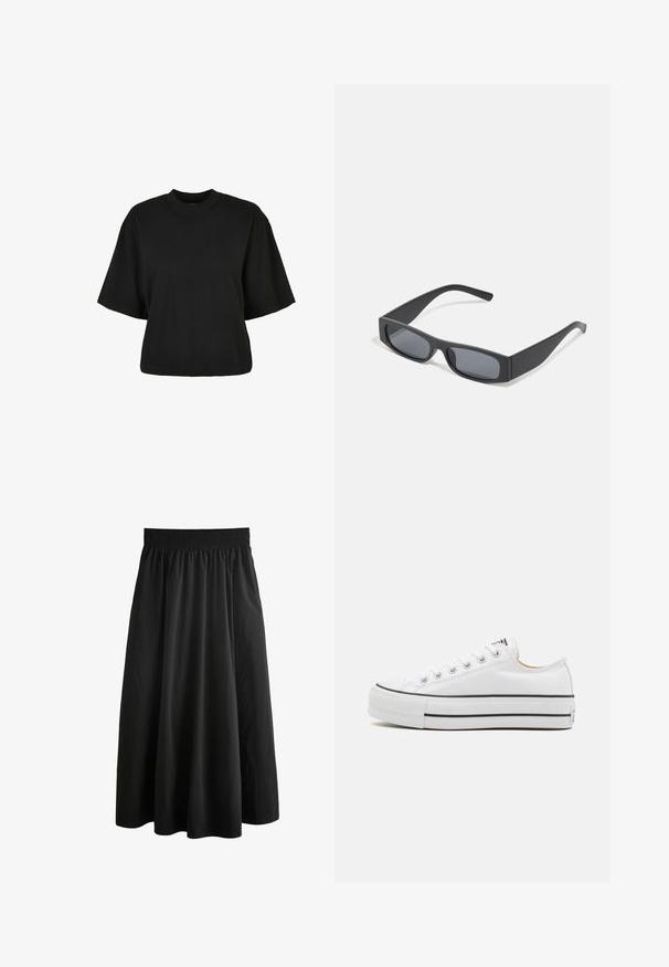 Maglietta nera cropped realizzata in cotone. Presenta maniche corte e un collo rotondo. Tessuto liscio con un design semplice, senza ulteriori motivi.; Next POPLIN - Gonna lunga - black; Sneakers in tela bianca con design a punta bassa, punta rotonda, occhielli in metallo, strisce nere lungo la suola e suola in gomma testurizzata.; Occhiali da sole neri rettangolari con lenti scure e montatura spessa opaca. Le asticelle sono leggermente affusolate con una texture liscia.